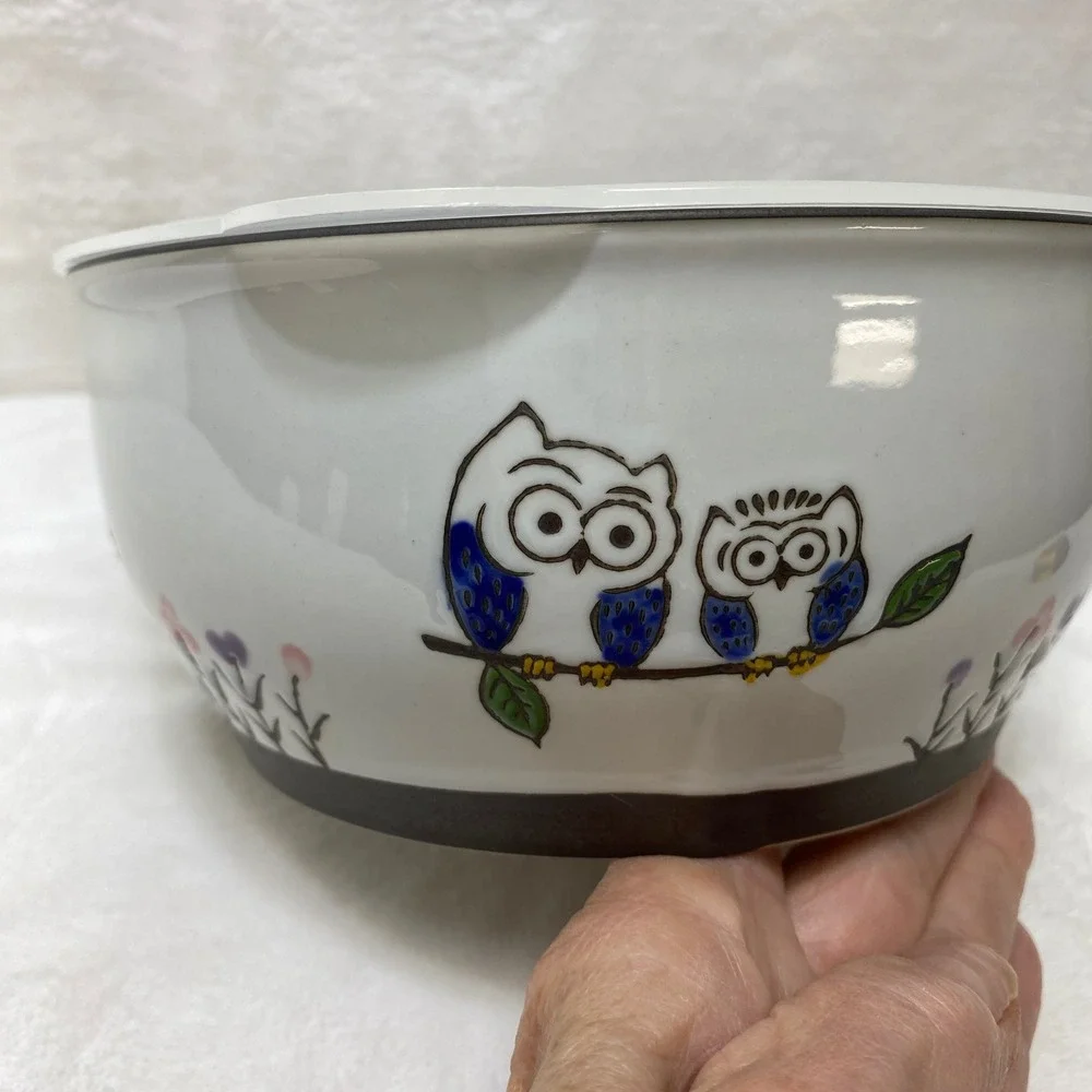 Yokohama Studio Hand Painted Ceramic Owl Food Storage Bowl Vented Lid White Blue
